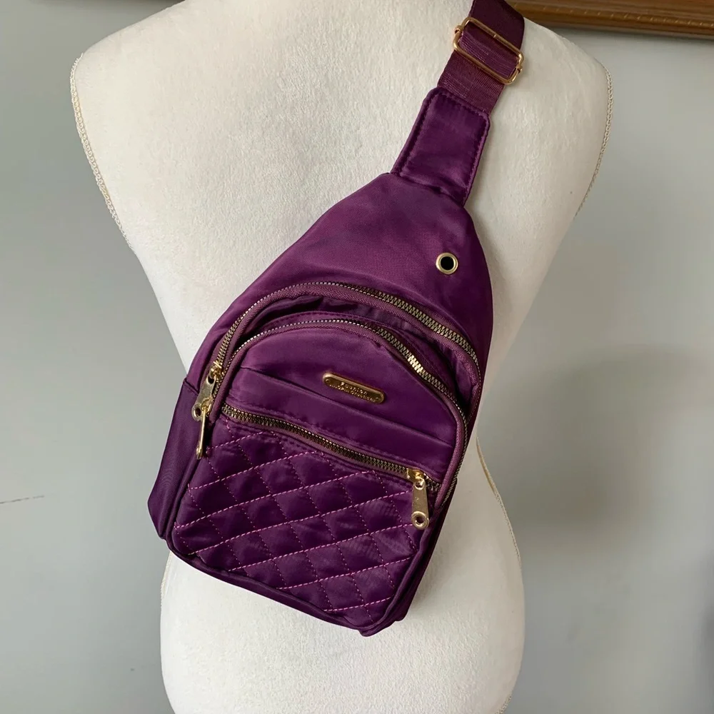 Diamond Quilted Purple Crossbody Sling Bag with Earbud Access - Picture 3 of 10